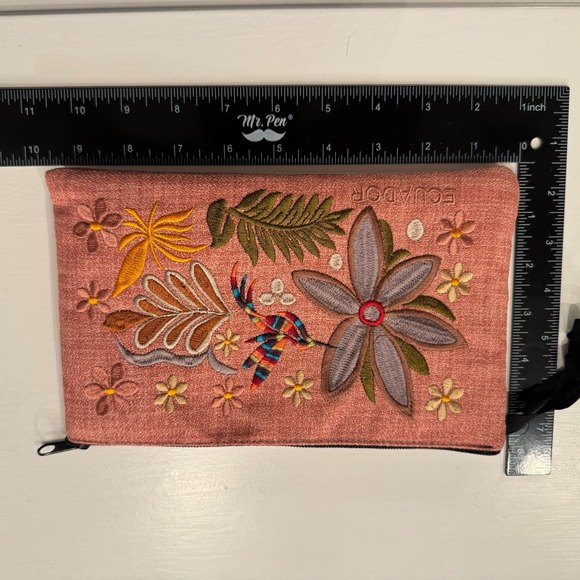 Hand Embroidered Ecuador Pouch Clutch Bag Floral Bird Pink Zipper Pouch - Picture 13 of 14